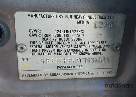 1996 Subaru Legacy L from USA, damaged, VIN 4S3BK4352T7931614